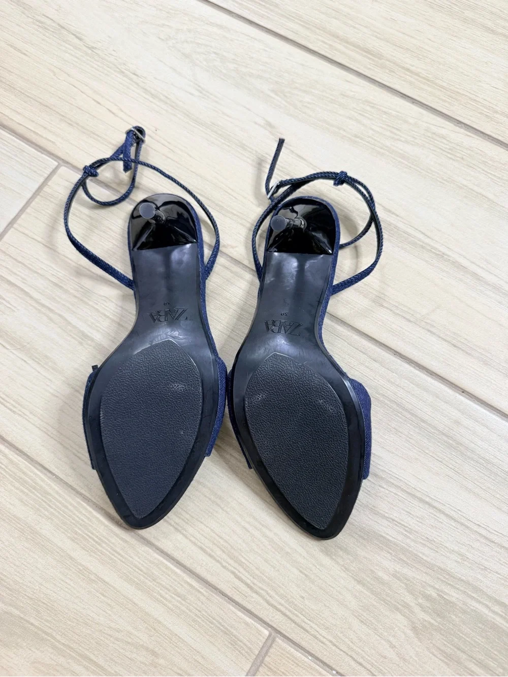 ZARA Denim High Heel Sandals Stiletto Silver Strappy Ankle Strap NWOT 39 Y2K